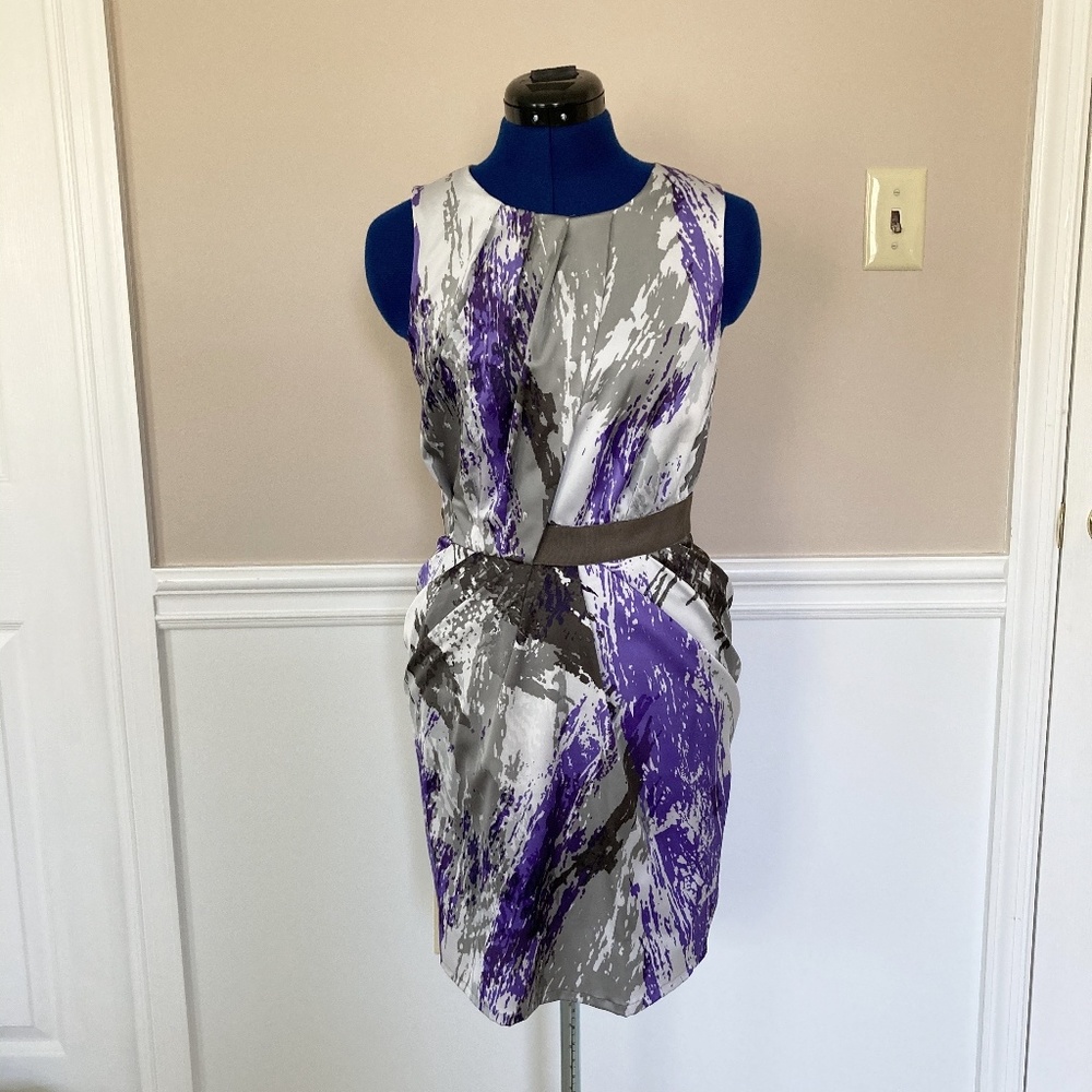 Nine West Sleeveless Abstract Print Dress in White, Gray & Purple